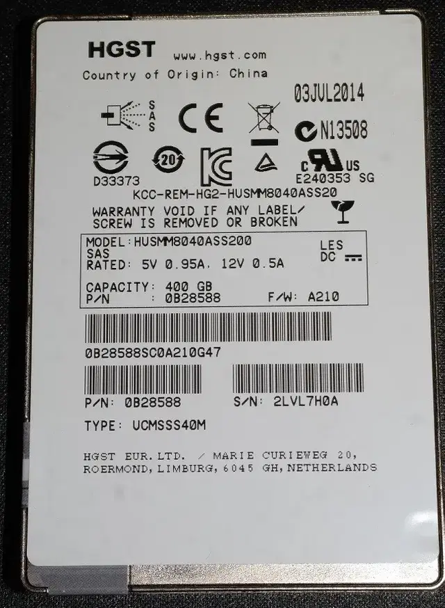 Dell/HP 서버용 SAS SSD HGST HUSMM8040ASS200