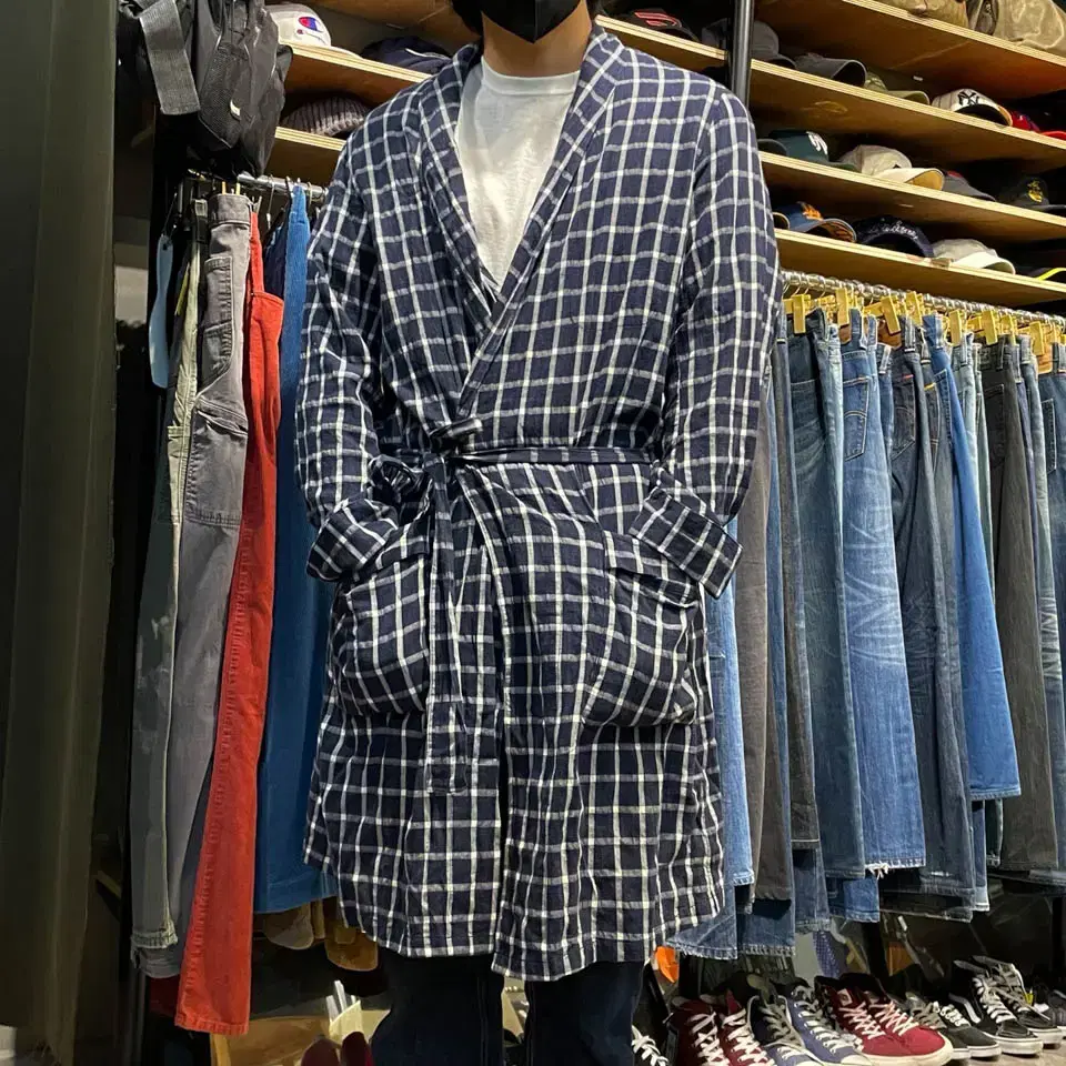 MARKA Utility garment navy checked slipwear long robe MAD