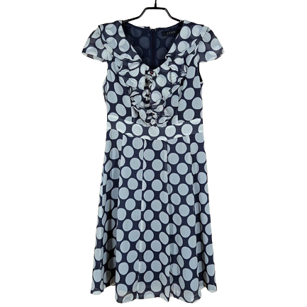 Lean Women's Big Dot Pattern Ruffle Cap Sleeve Chiffon ONEPIECE Navy (HU7276)