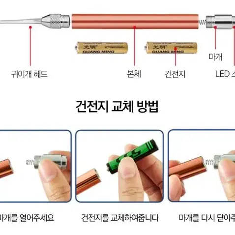 아이 어린이 노인 귀청소 귀이개 휴대용 LED 귀파개 + 핀셋세트