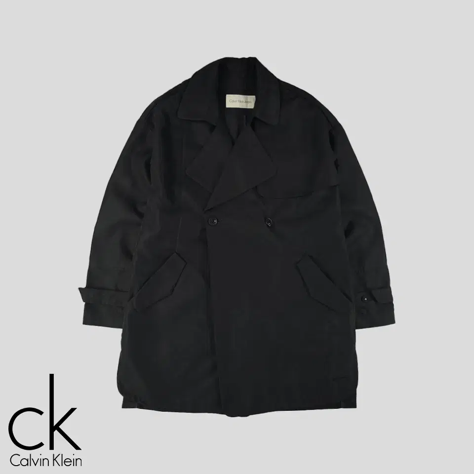 Calvin Klein Jins Black gunflap steel logo rayon poly-blend double-button coat WOM