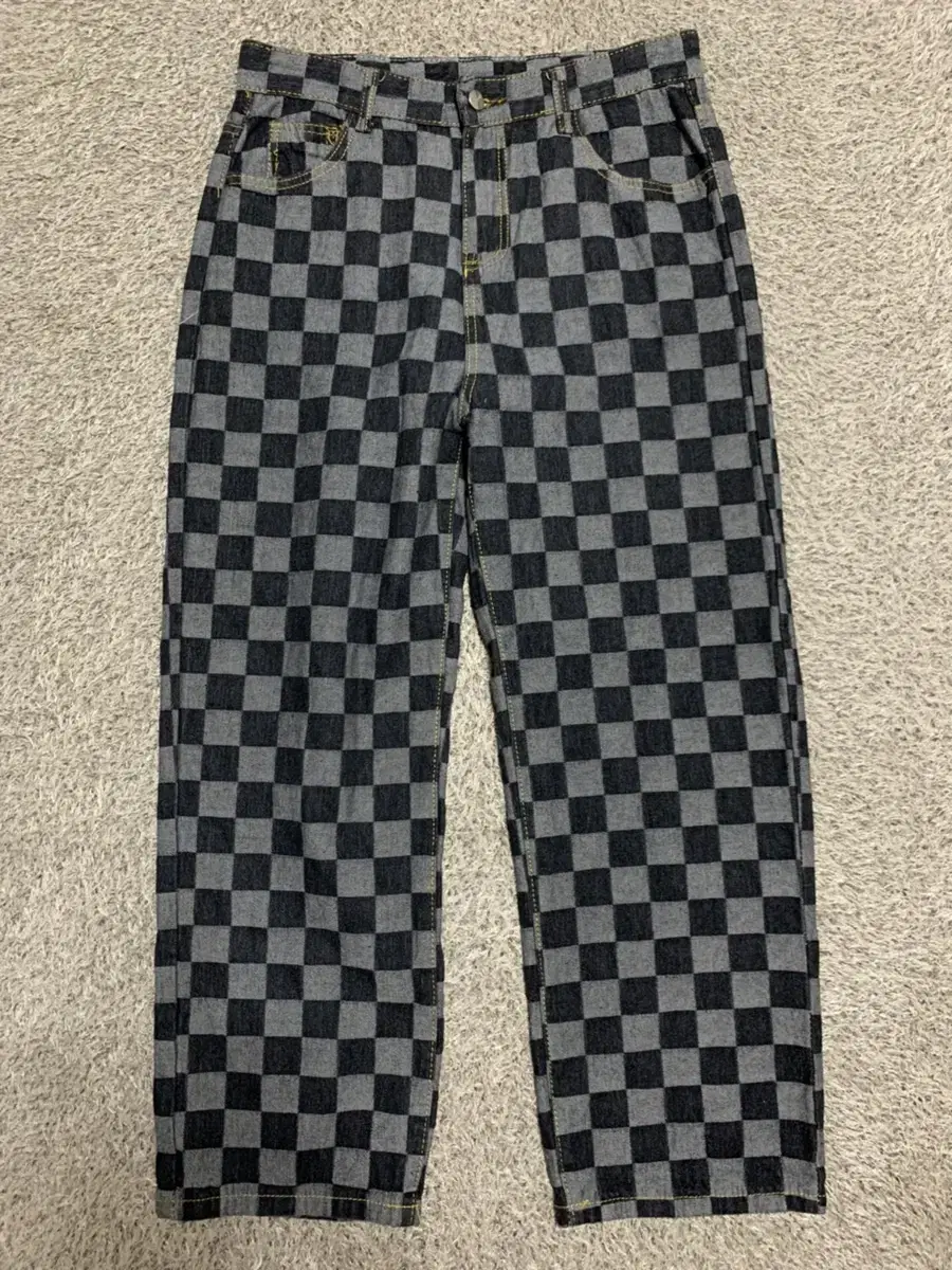 Punk Checkerboard Trousers Jins Ebony Blue Pants