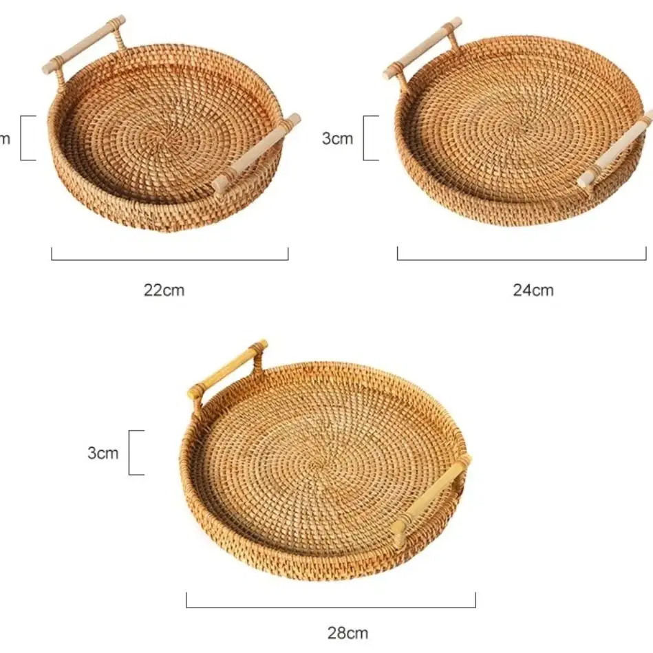 원형 라탄 트레이 과일 바구니 손잡이 쟁반 수납 바스켓 카페 소품