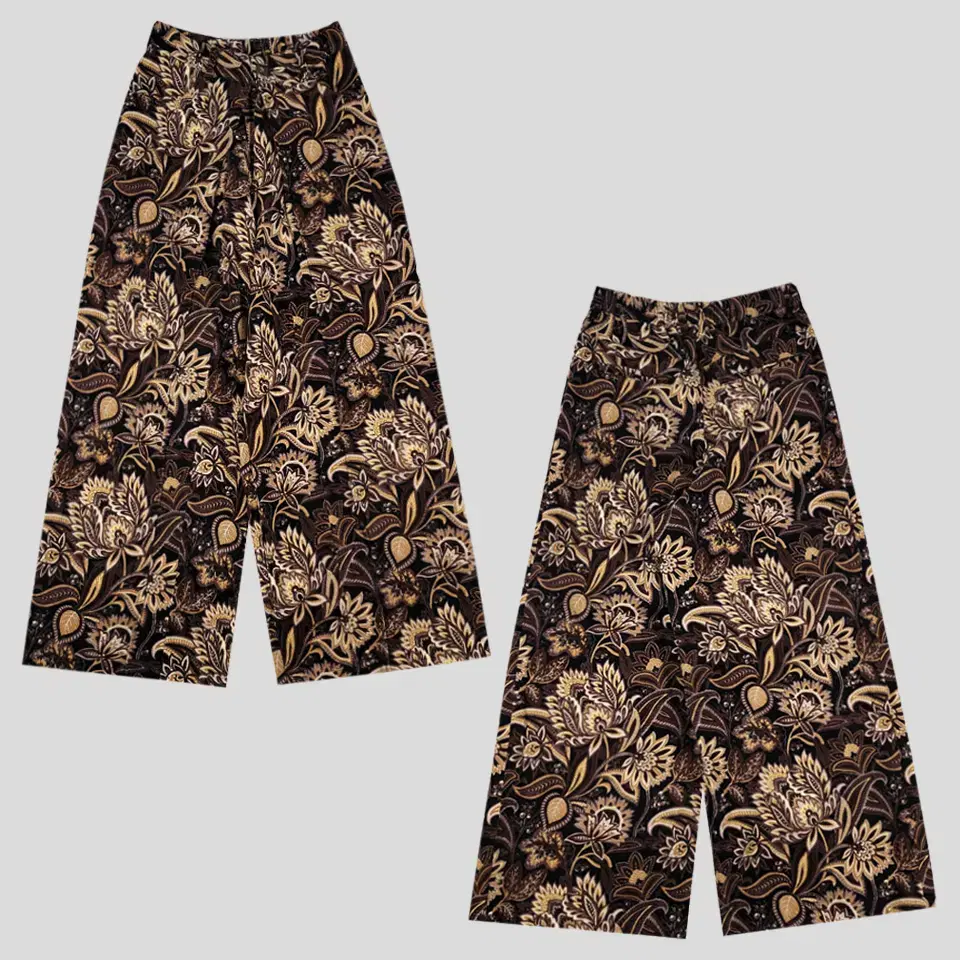 JEANASIS Brown tone floral ethnic pattern straight pin-tuck wide fit