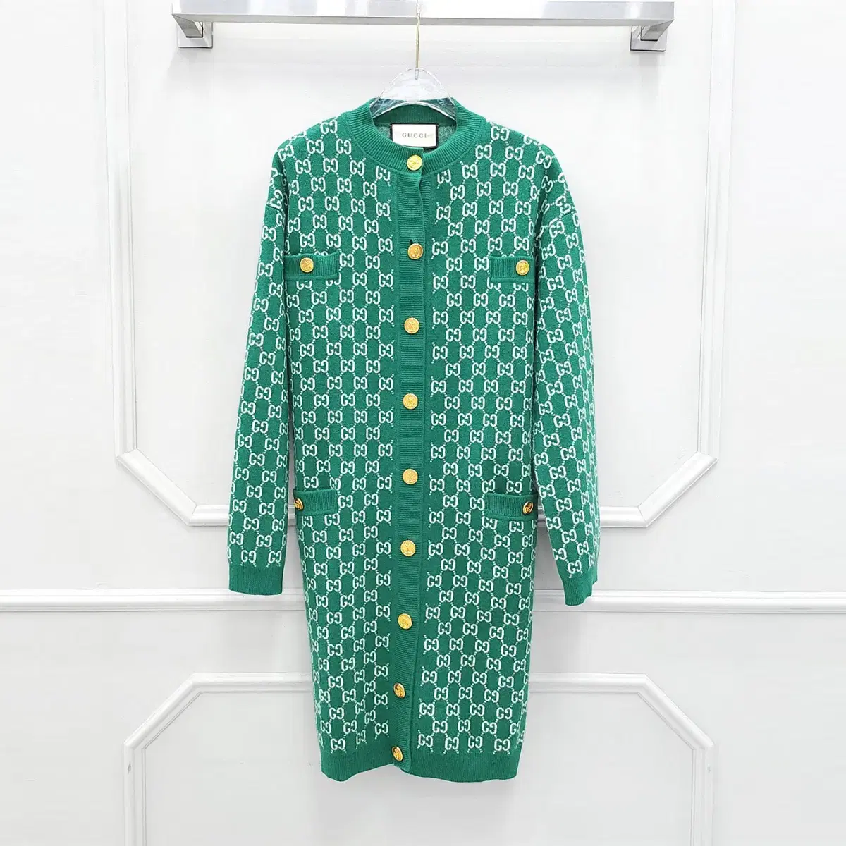 XS / Gucci Green GG Supreme Logo Pattern Belted Long Cardigan