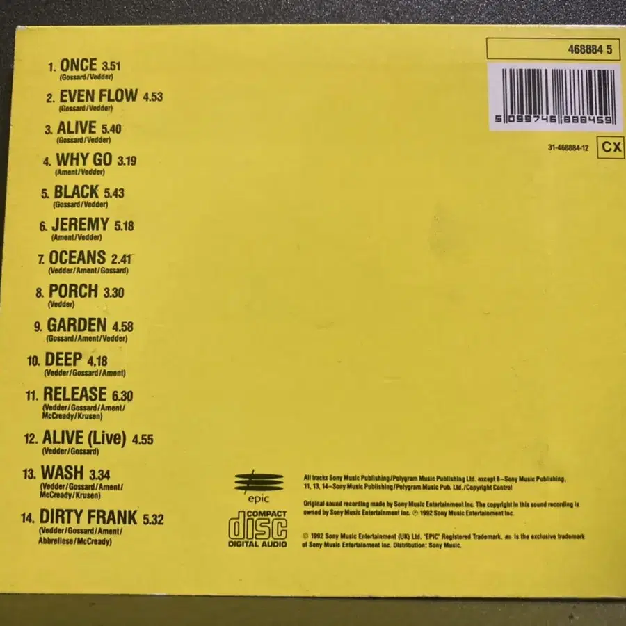 펄잼 Pearl Jam-Ten 92' UK 리미티드에디션CD