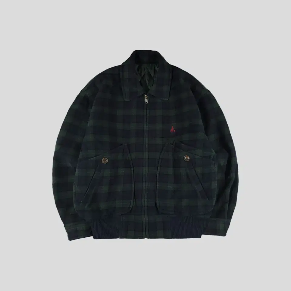 Beanpole 90s Navy Deep Green Tartan Check Pattern RedEmbroidered Wool Blend Woolen Padded