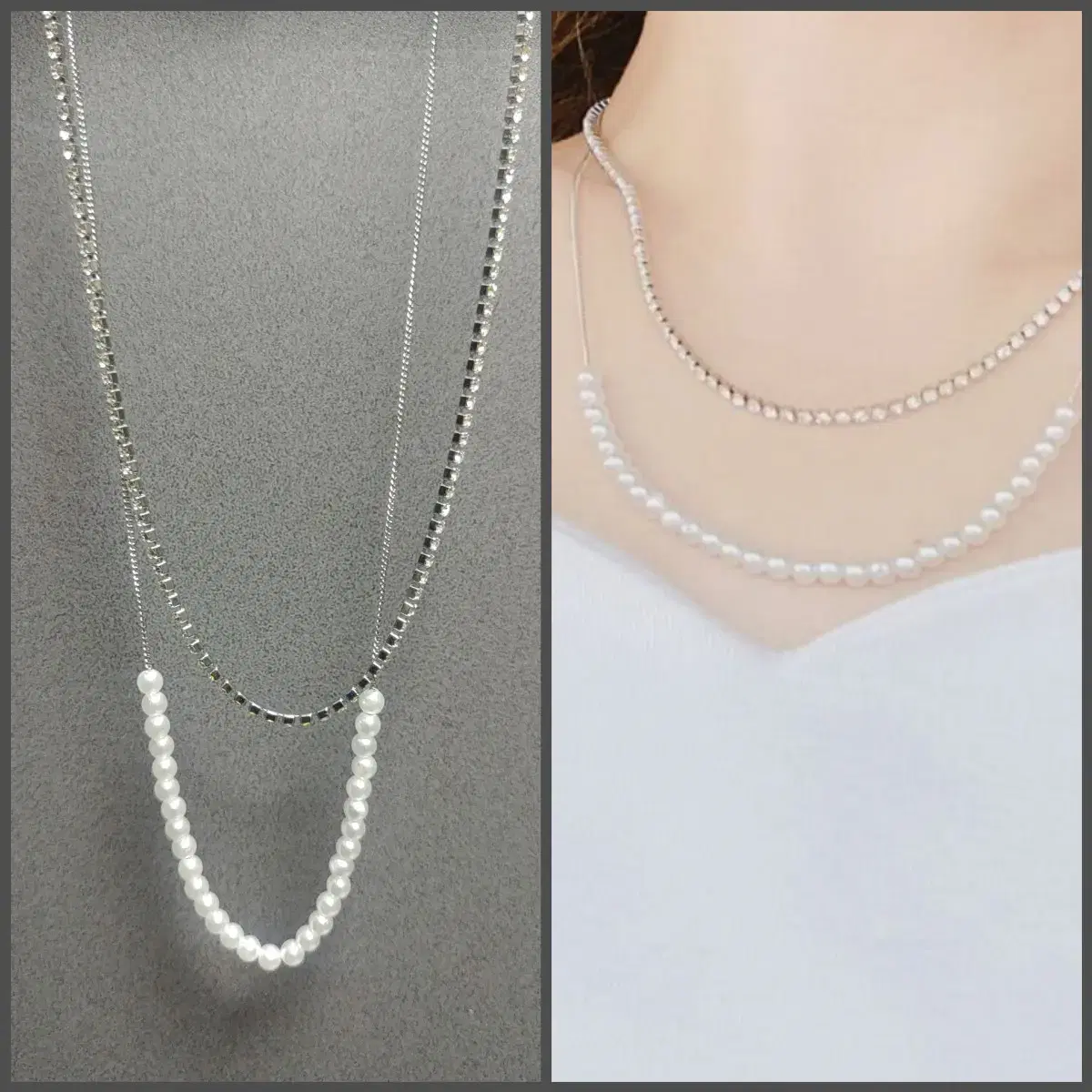 Qubic & Pearl Two-Line Necklace (Surgical)