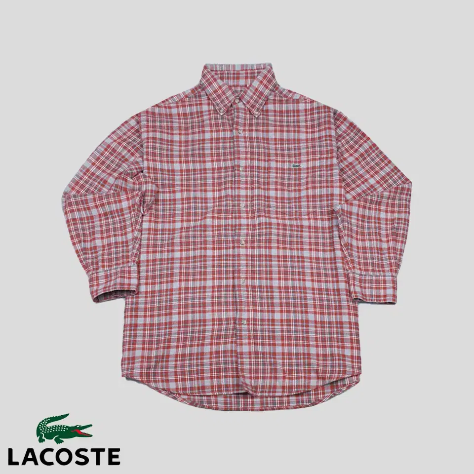 Lacoste Red-grey checked logo patch pocket cotton shirt SIZE M