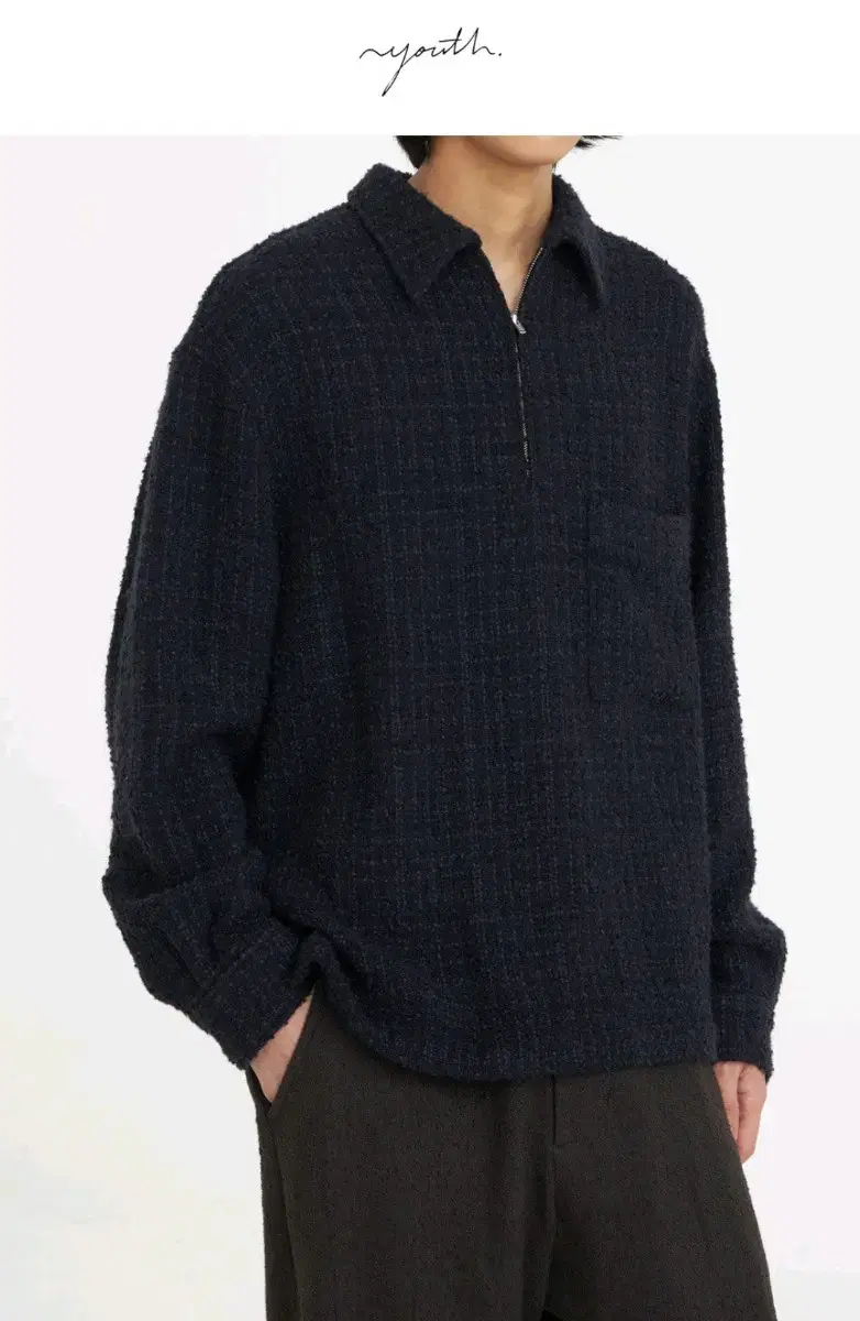 유스 Oversized half-zip shirt navy tweed