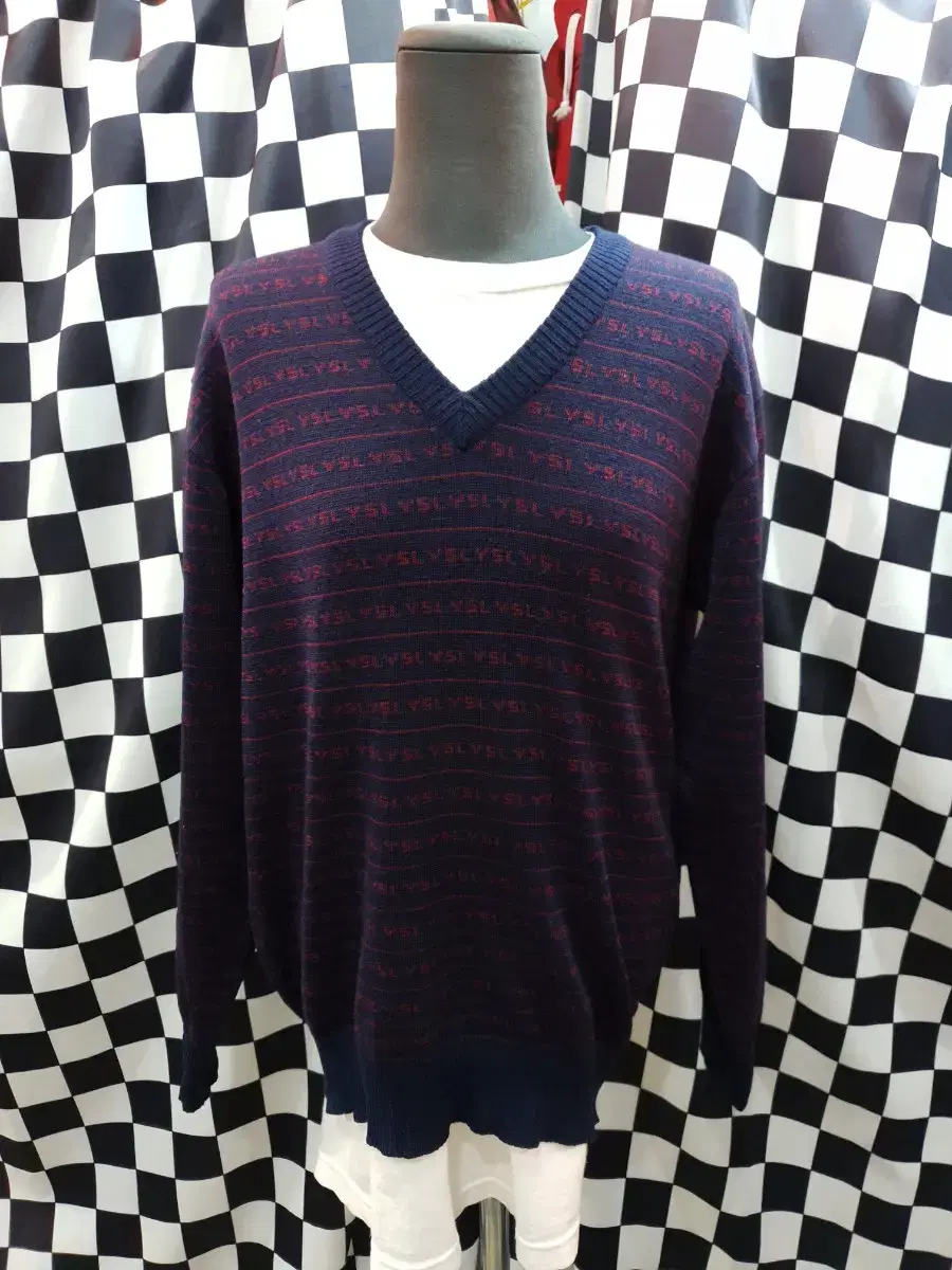 Yves Saint Laurent YSL Logo Pattern V-neck Wool Knit