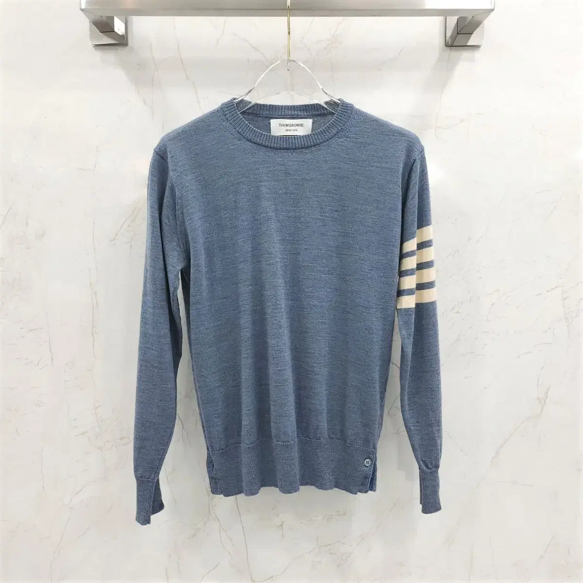 1/ Thom Browne Light Navy Diagonal Taping Wool Round Knit