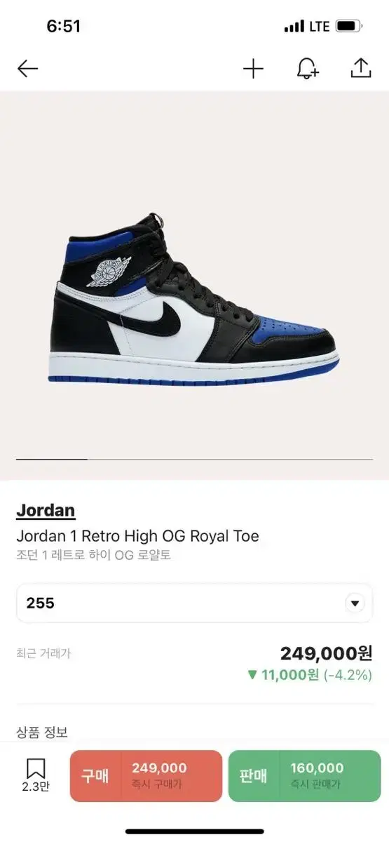 Nike Jordan High Royal Toe 255 Nakotab Almost New