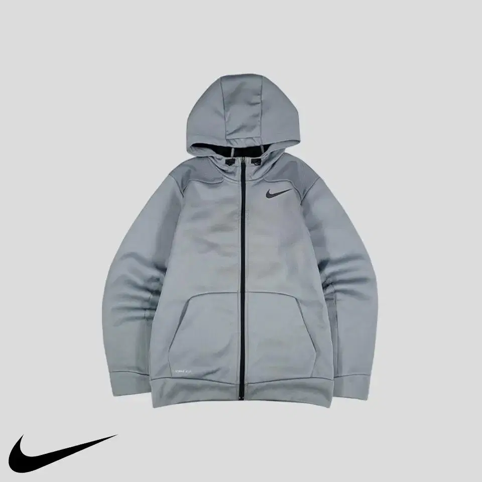 Nike Deep Grey Black Swoosh Big Print Thermafit Brushed Poly Functional Hoodie Zip Up