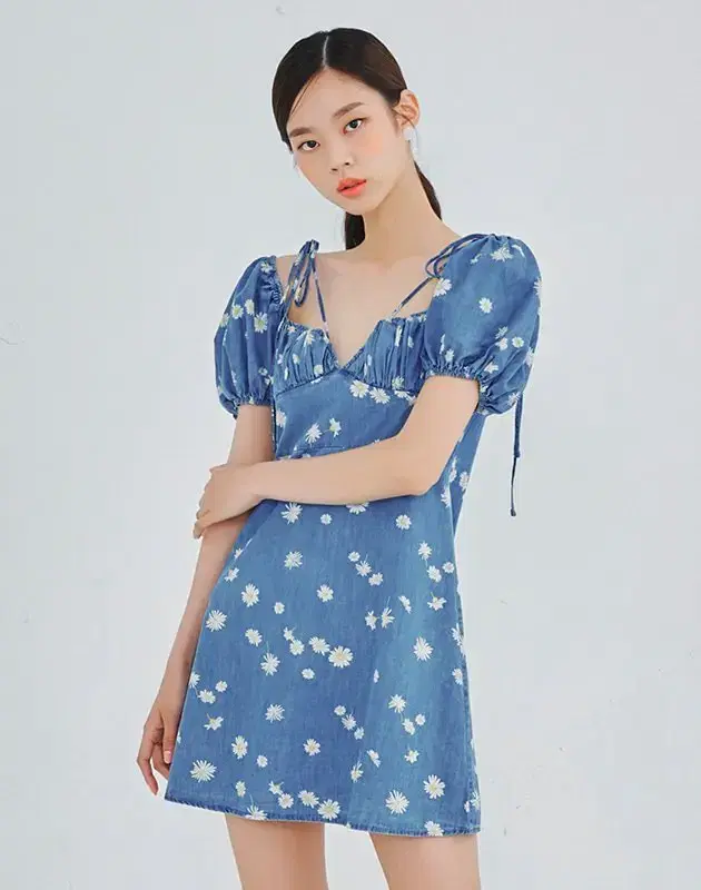 denim puff heart neck one piece