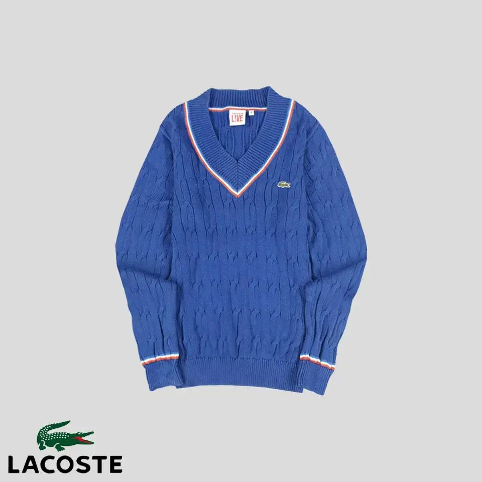 Lacoste Live bloo Logo patch cable v-neck knit SIZE S