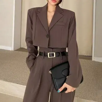 Cropped jacket + high-waisted trousers