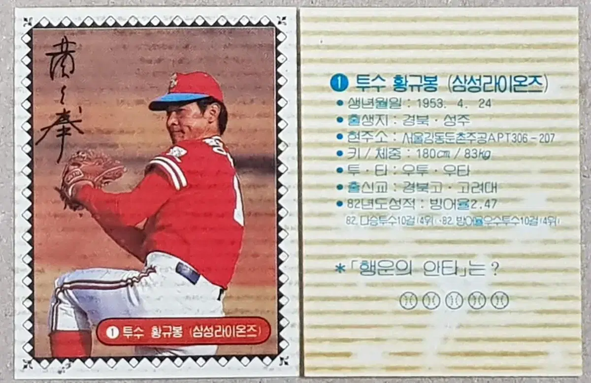 1983 professional baseball player Hwang Gyu-bong of the Samsung Lions Sports kard