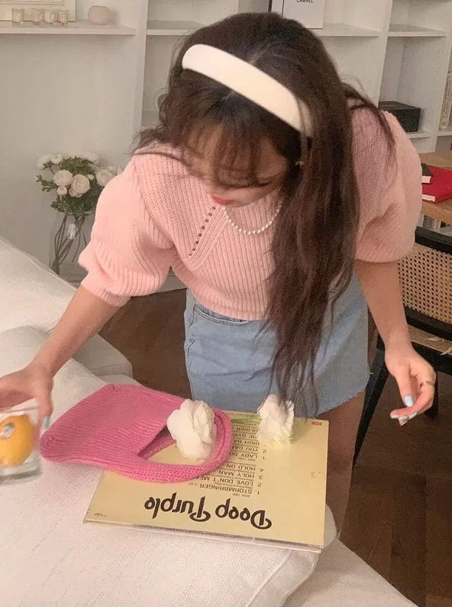 French of Puff Vahn Short-sleeved Knit Pink