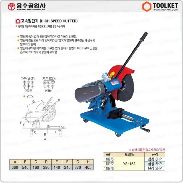 용수 고속절단기 16인치 YS-16A 단상 컷팅기