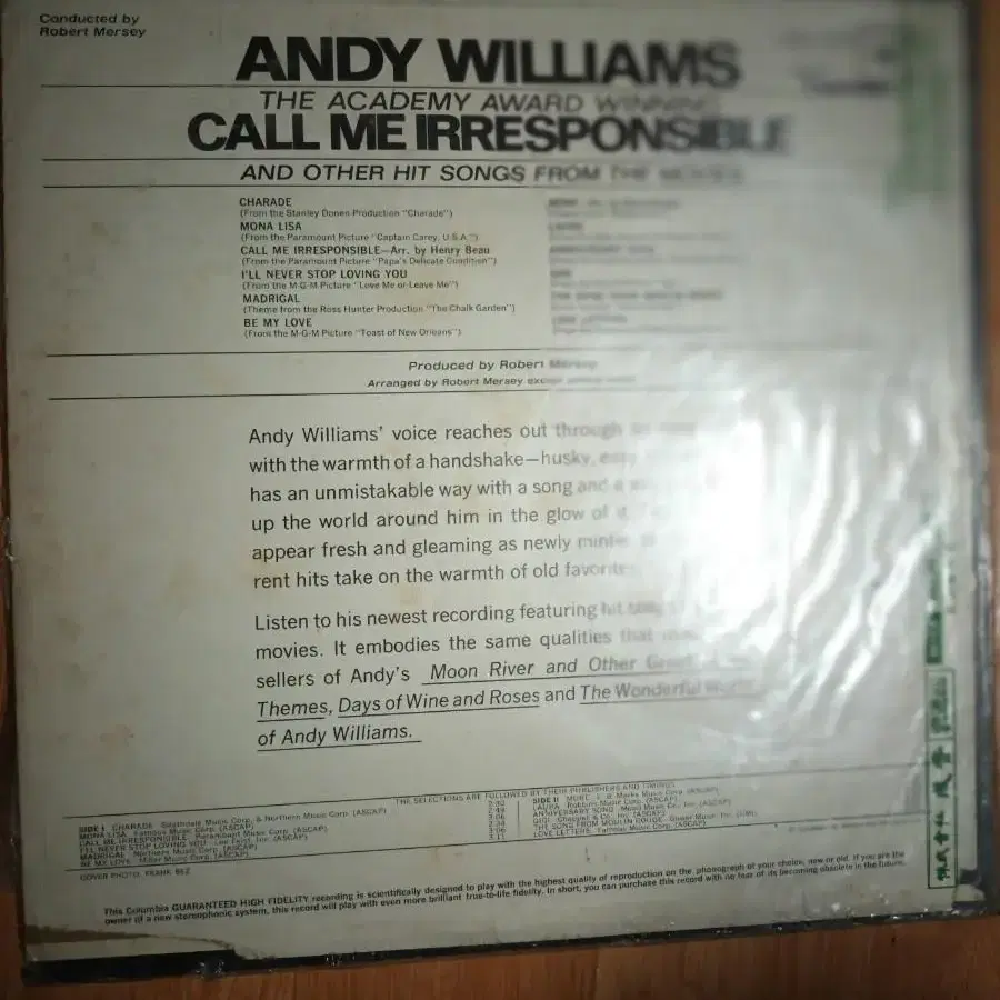 ANDY WILlIAMS CALL ME..팝송LP판