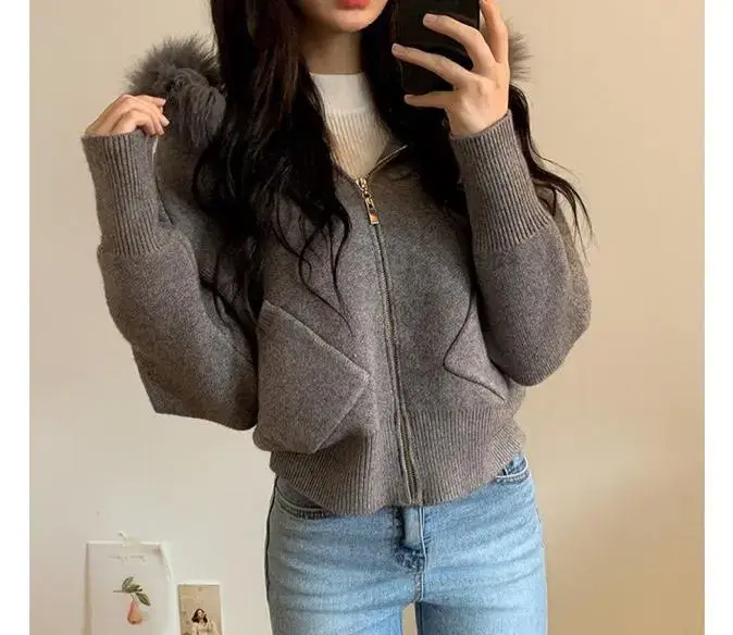 Able Fur Midi Crop Knit Zip-Up Cardigan