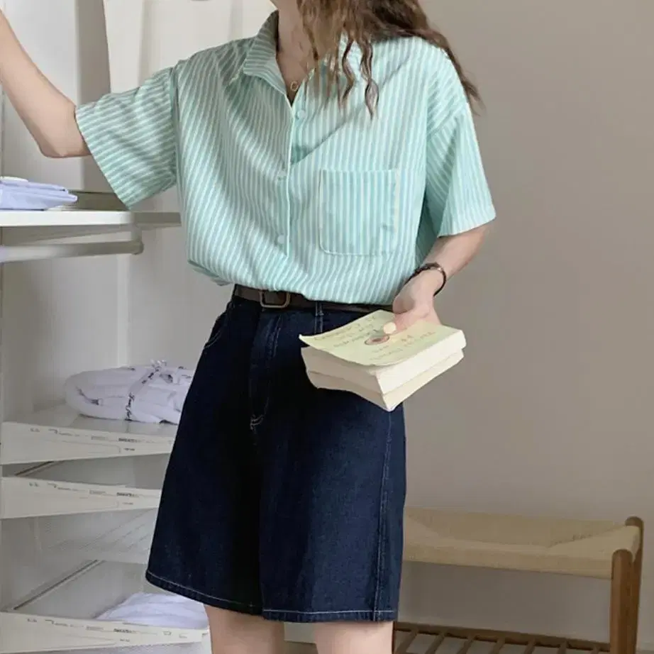 [Wansmall] Silk striped short sleeve pocketed shirt