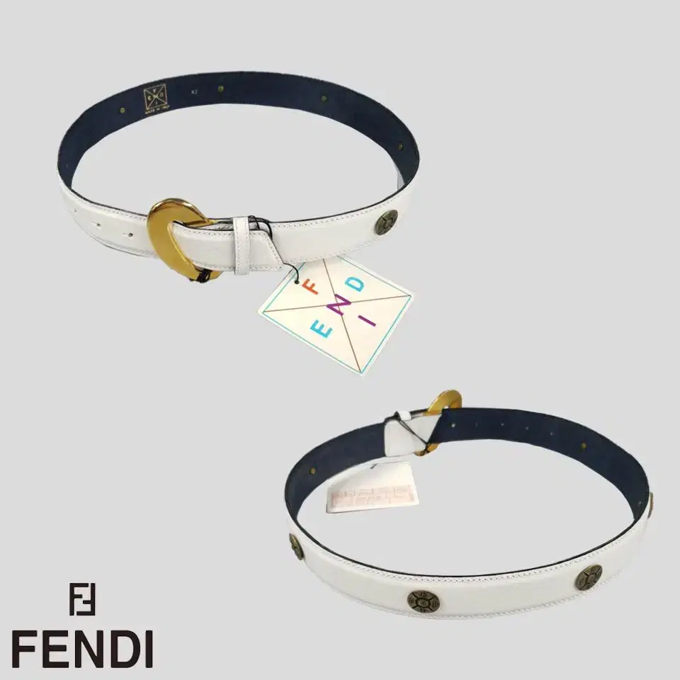 FENDI 펜디 빈티지 화이트 골드 버클 쉴드 메탈 로고 벨트 새상품