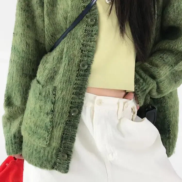 BRUSHED CARDIGAN IN MIXED GREEN