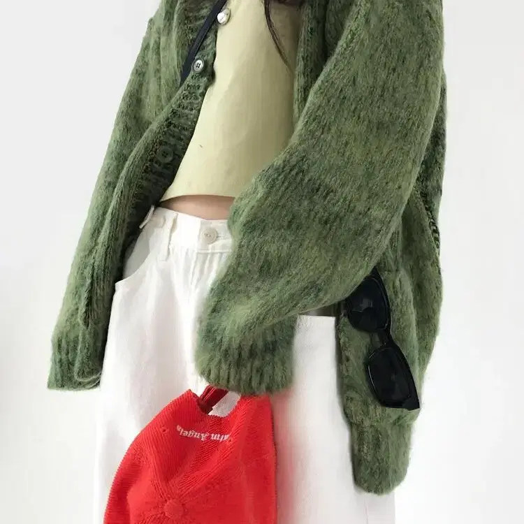 BRUSHED CARDIGAN IN MIXED GREEN