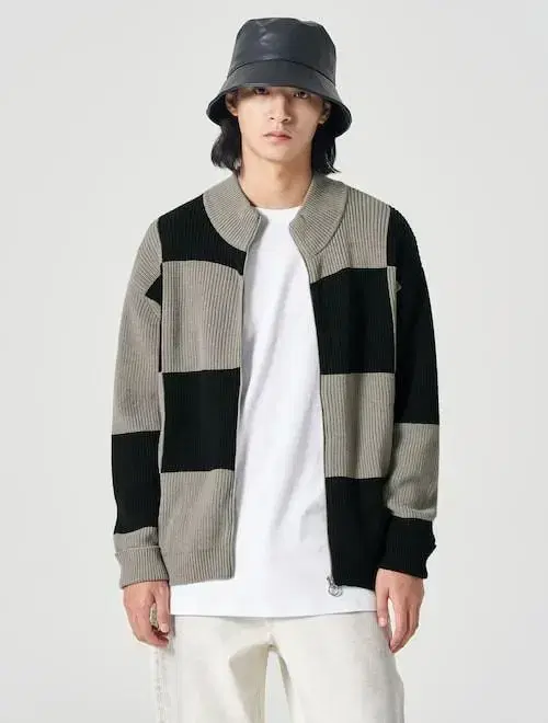 (L,New) Eight Seconds Black Big Pattern Zip-up Cardigan