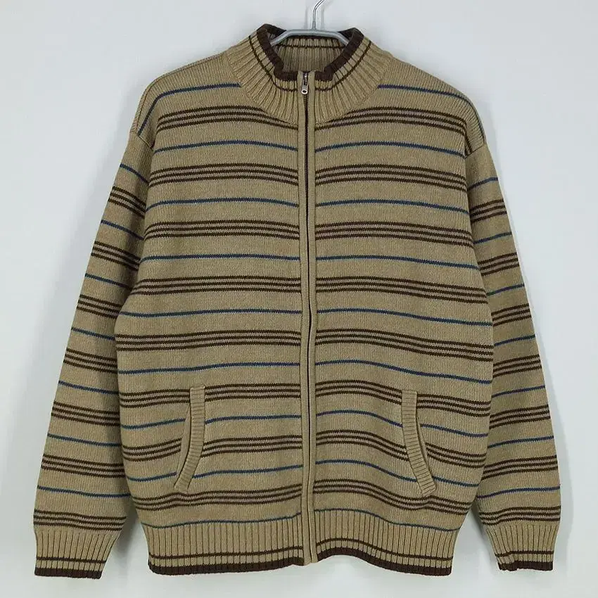 O2BREAKMen's striped windproof knit zip-up beige 105(HU19571)