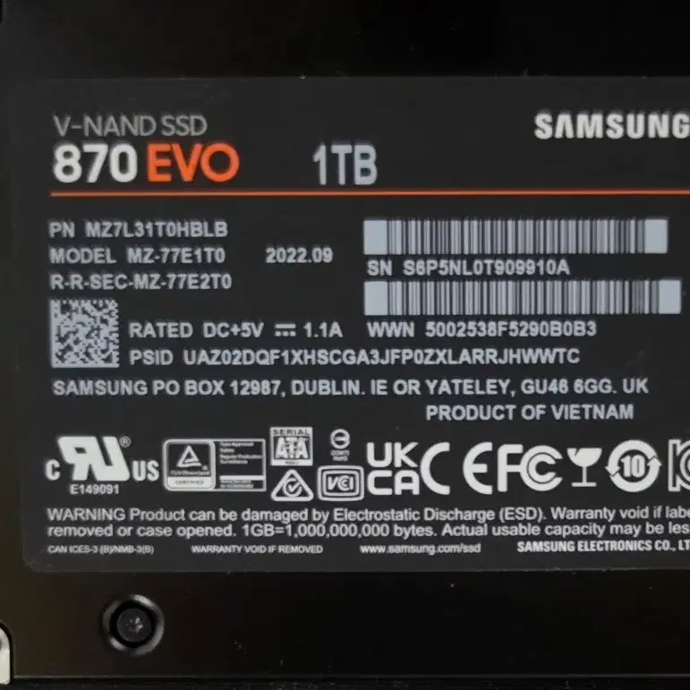 (무상 보증 남은) 삼성 1TB SSD 870 EVO SSD 1TB 팝니다 2.5인치 SATA