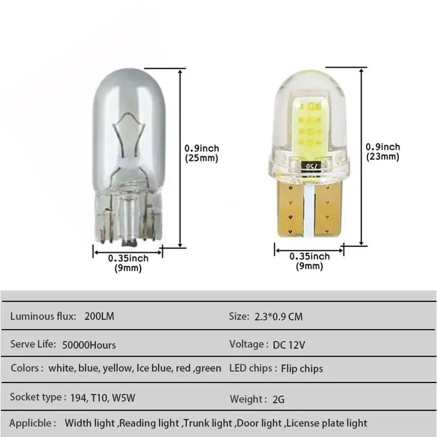 신형 COB 실리카 T10 LED 자동차 튜닝용 전구
