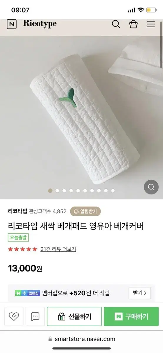 리코타입 새싹 베개커버 신생아 아기 피그먼트