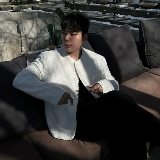 White tweed jacket 남자 화이트 트위드 자켓 노카라 재킷