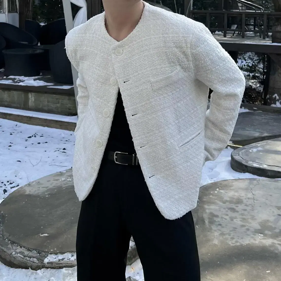 White tweed jacket 남자 화이트 트위드 자켓 노카라 재킷