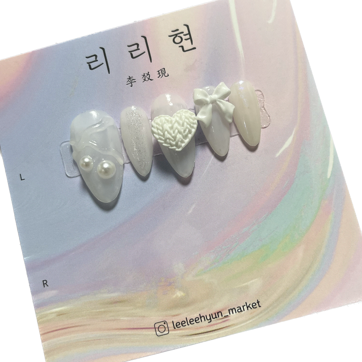 ALL WHITE 하트 리본 수제 네일팁, 네일팁