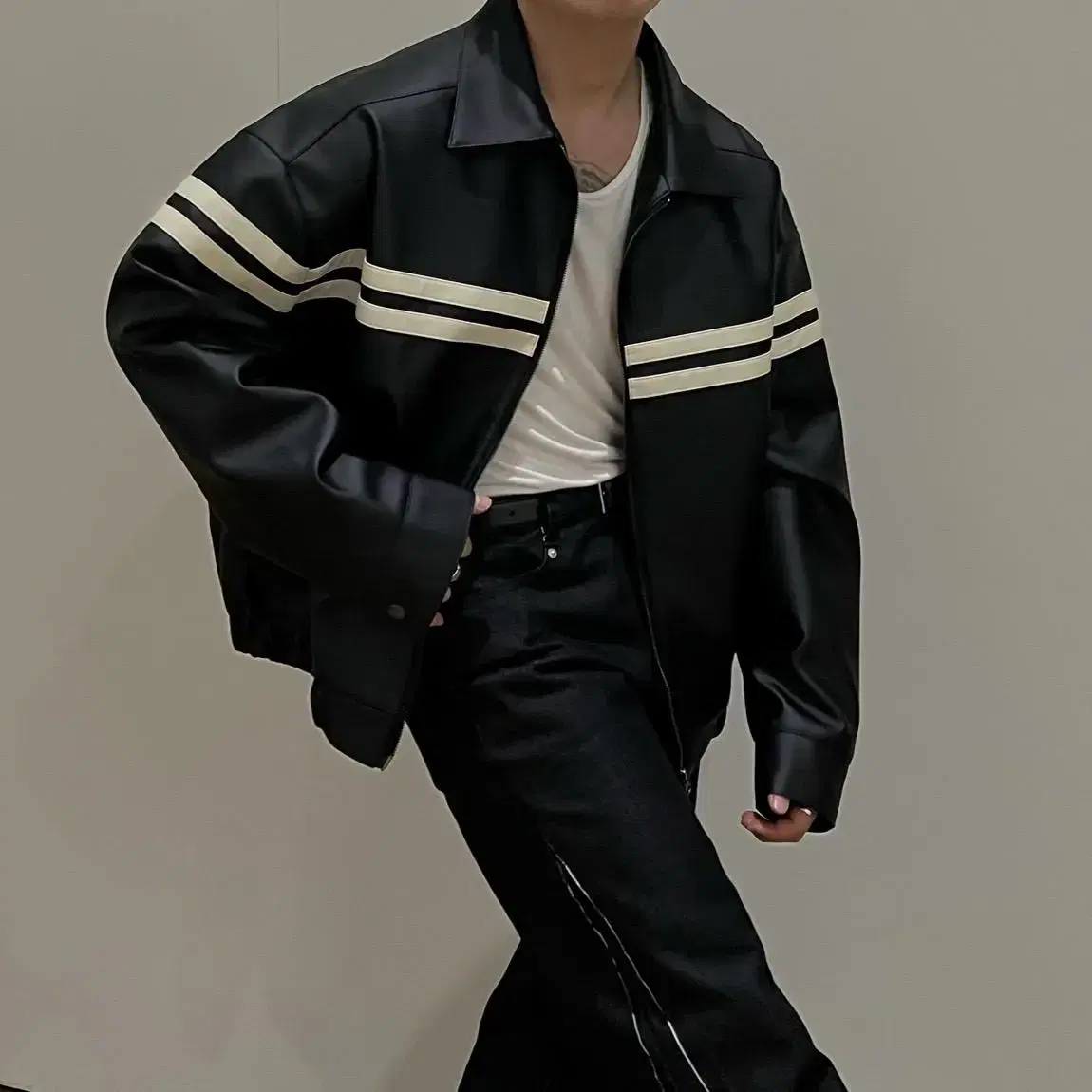 Way bike leather jacket 남자 블랙 바이크 자켓 레더