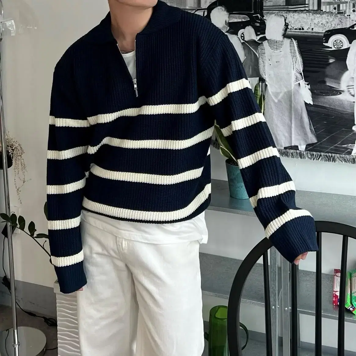 Stripe semi-zip knit 남자 스트라이프 반집업 니트 단가라