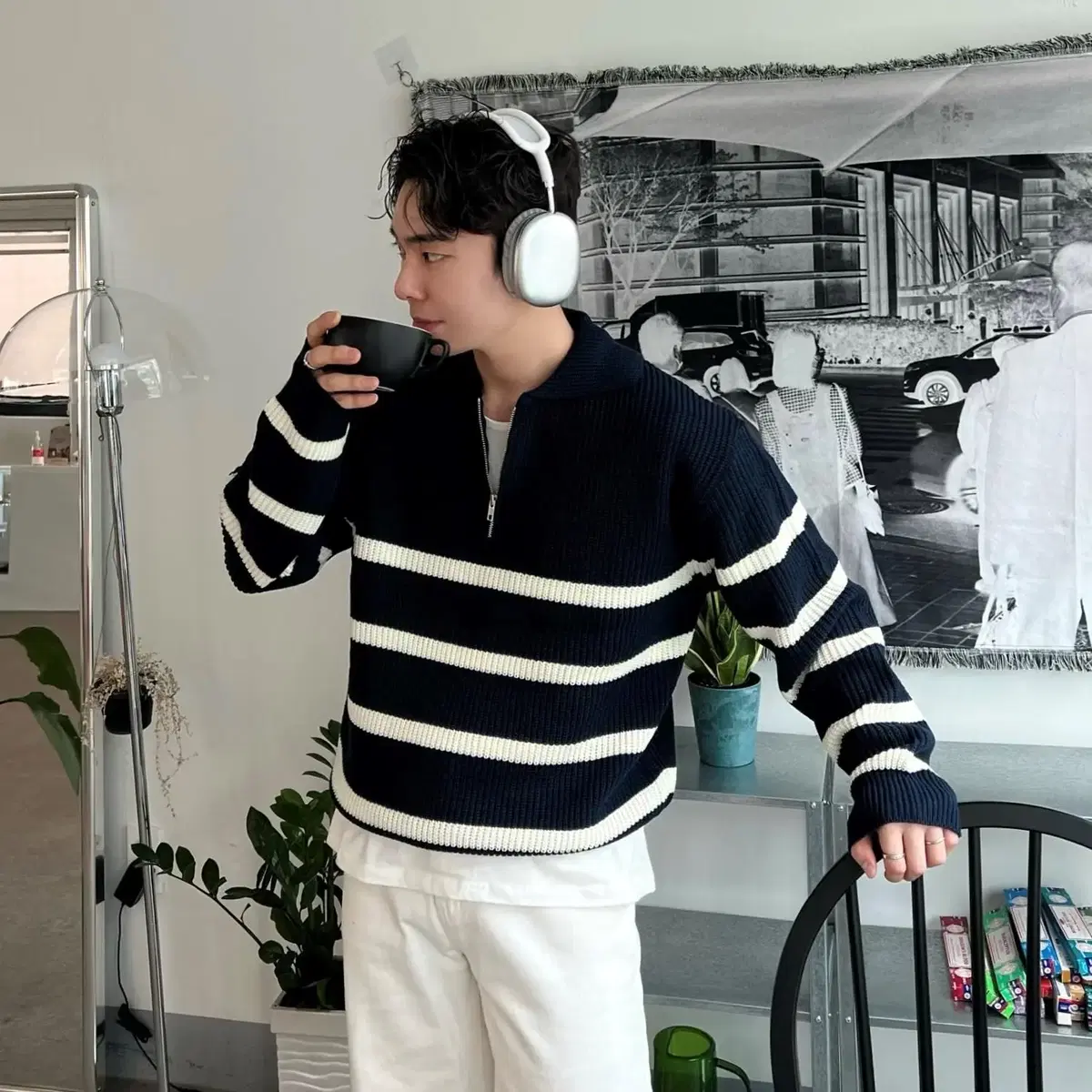 Stripe semi-zip knit 남자 스트라이프 반집업 니트 단가라