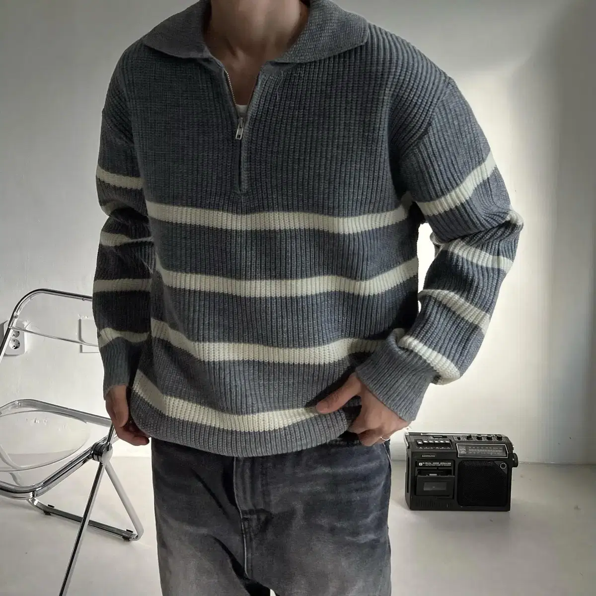 Stripe semi-zip knit 남자 스트라이프 반집업 니트 단가라