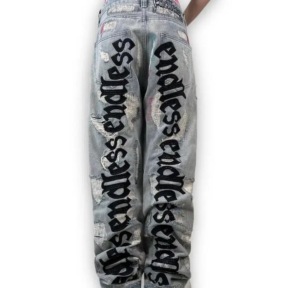 Endless embroidery lettering denim pants