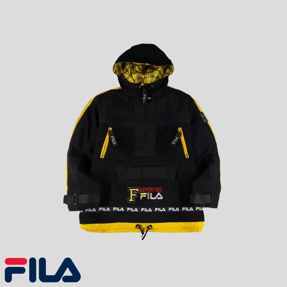 FILA 필라 블랙 옐로우 자수로고 올드스쿨 하프집업 풀오버 플리스 아노