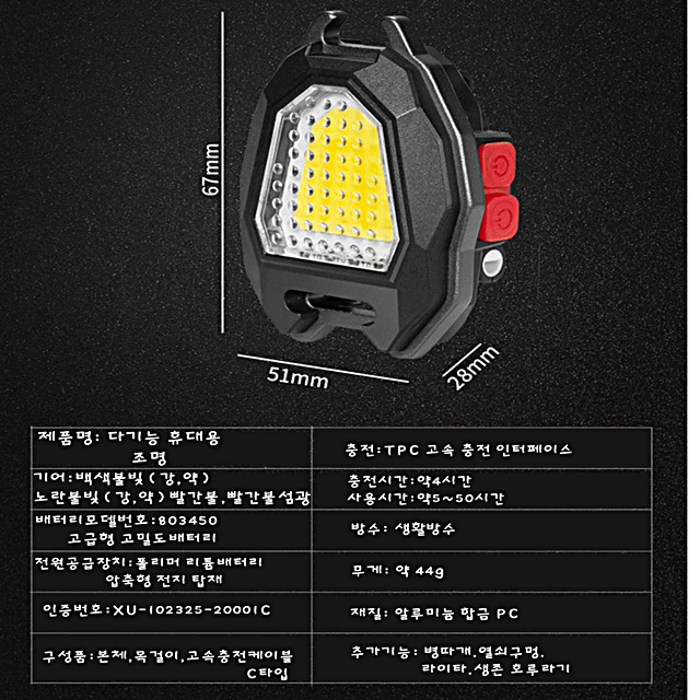 작업등 칩 코일 라이타 목걸이 헤드 자석 호루라기 손전등 랜턴 라이트