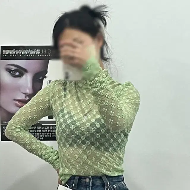 (새옷) 고퀄 레이스 반목 시스루 긴팔티 연두이너티