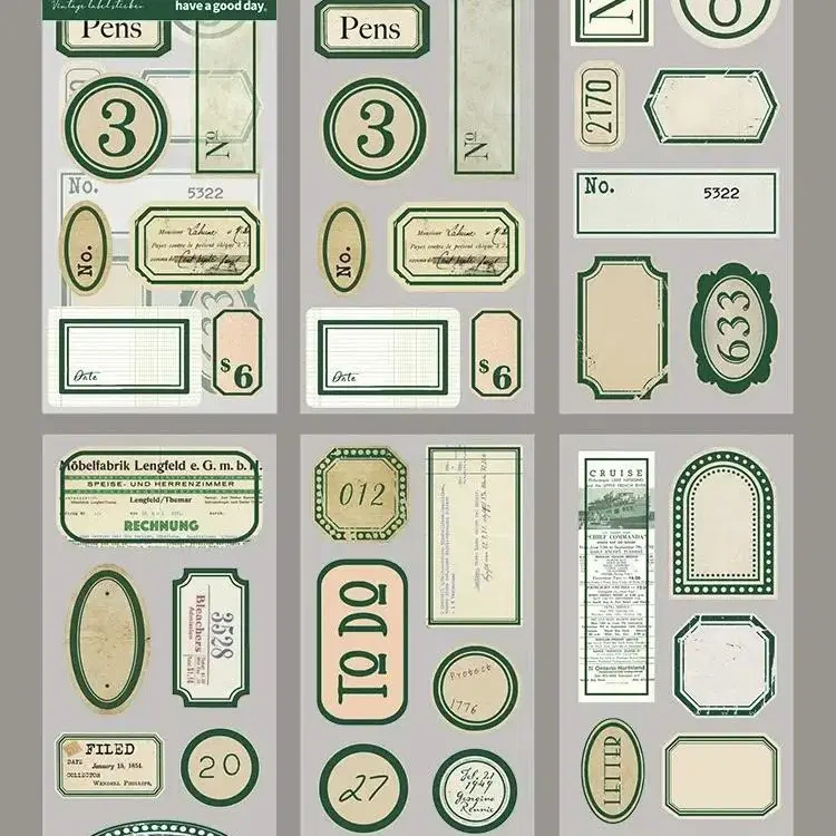 빈티지 다꾸 그린 라벨 메모 화지 스티커 5매