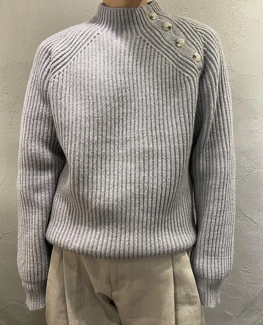 Button Diagonal Ribbed Knit