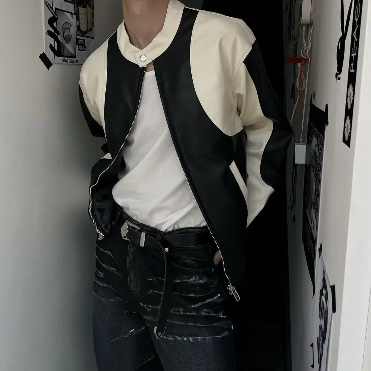 Racer leather jacket 남자 레이서 레더 자켓 배색 레이싱