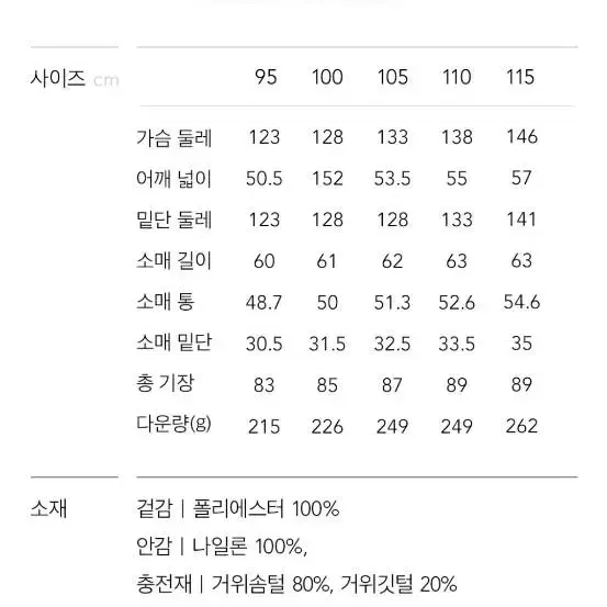 올젠 폭스퍼 구스다운DNV 95사이즈